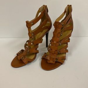 Fergie Cognac Caged Back Zipper Heels. Size 9.